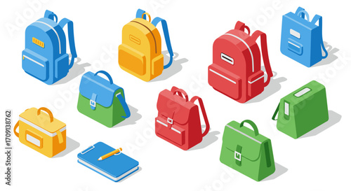 Colorful isometric backpacks and stationery set for modern school design