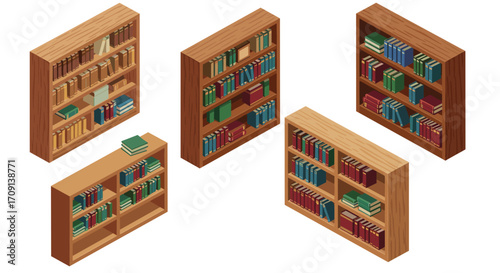 Isometric bookshelves set with colorful books in wooden design