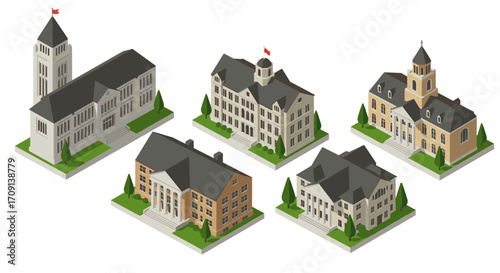 Isometric historical buildings with elegant architecture and green surroundings