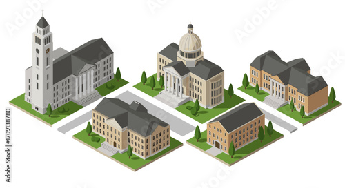 Isometric cityscape with government buildings and church in classic architectural style