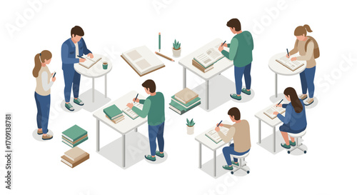 Isometric classroom scene with students studying and writing in a modern learning environment