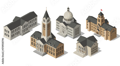 Isometric historic buildings set with diverse architectural styles