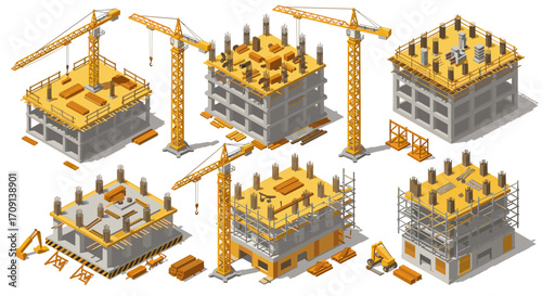 Isometric construction site with cranes and partially built structures