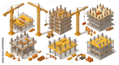 Isometric construction site with cranes and building structures