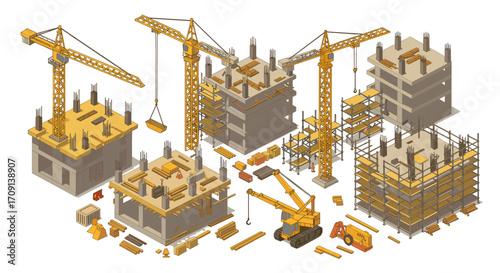 Isometric construction site with cranes and building materials in progress