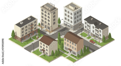 Isometric urban neighborhood scene with modern residential buildings and trees