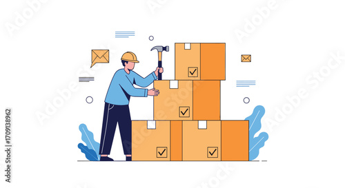 Man carefully packing boxes with a hammer for shipping.
