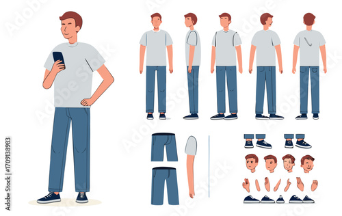 Casual man character constructor for animation. Front, side and back view. Body parts and postures collection. Vector illustration. 
