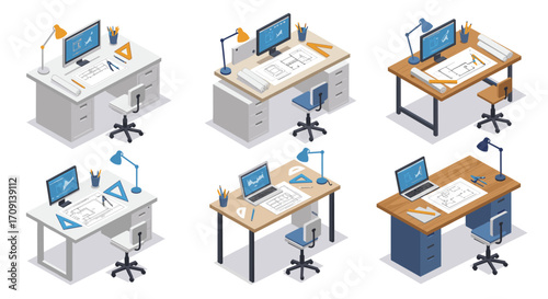 Isometric office desks with architectural blueprints and tools