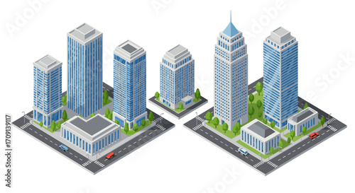 Modern isometric cityscape with high-rise buildings and roads