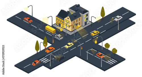 Urban night scene with illuminated streets and buildings in isometric style