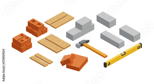 Isometric construction tools and materials set with bricks and wood planks