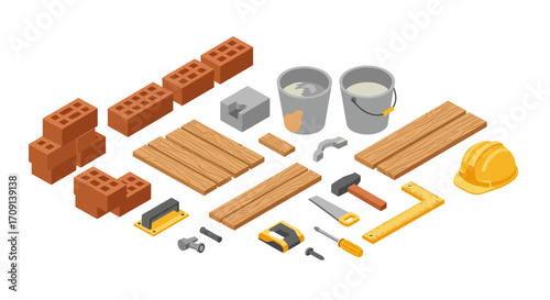 Isometric construction tools and materials set for building projects