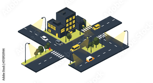 Isometric cityscape with roads and cars illuminated by streetlights at night