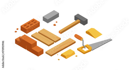 Isometric construction tools and materials set for builders and architects
