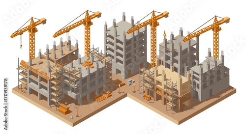 Isometric construction site with tower cranes and buildings in progress