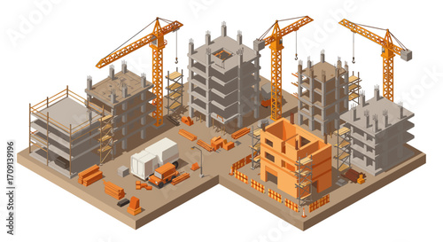 Isometric construction site with cranes and partially built buildings in an urban setting