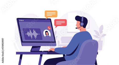 Customer service representative communicating with a client during a video call.