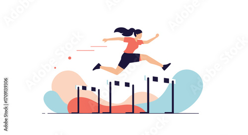 Athlete jumping over hurdles during a track and field race event.