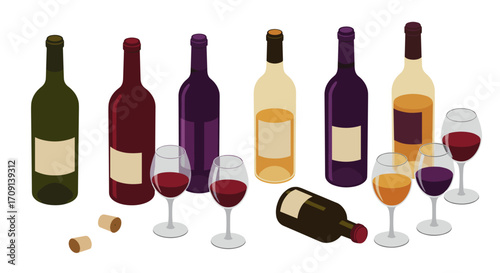 Isometric wine collection: colorful bottles and glasses arrangement