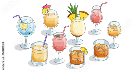 Refreshing summer cocktails collection with ice and fruits in glasses with straws