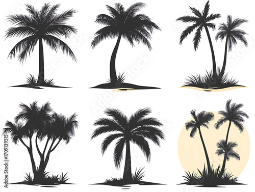 Six Black Palm Tree Silhouettes on White Background: Various Shapes/Trunk Curvatures, Light Yellow Circle (Sun/Moon) at Bottom Right