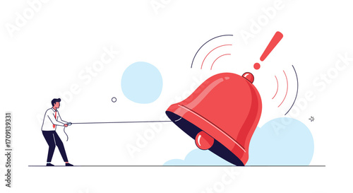 Person ringing a large bell with a rope to get attention.