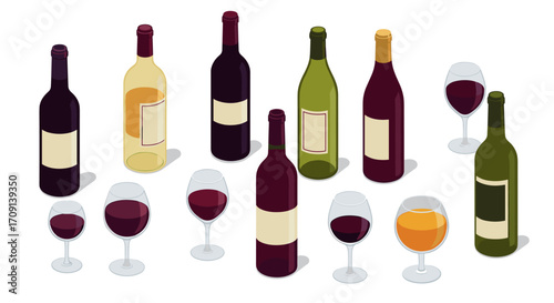 Isometric wine bottles and glasses on white background