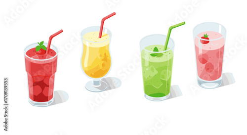 Colorful refreshing fruit drinks with strawberries and mint in transparent glasses