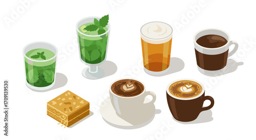 Assorted drinks and desserts in isometric style with coffee, tea, and sweet treats