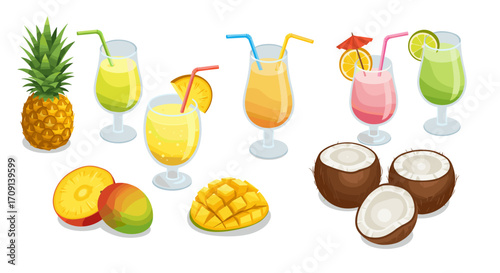 Tropical fruit and cocktail assortment with pineapple, mango, and coconut on white background