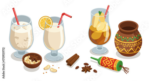 Festive drinks collection with traditional spices in a festive arrangement
