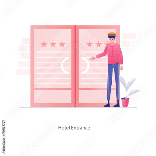 Vector elements of the office environment A man in a pink top and blue pants opens double doors with a “★★★★” rating, standing next to a small plant. The text “Hotel Entrance” is at the bottom