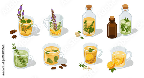Herbal tea and tinctures collection with fresh ingredients on white background