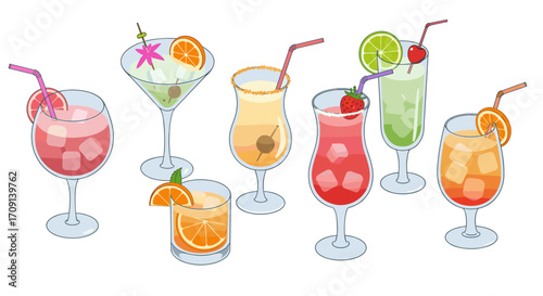 Colorful collection of summer cocktails with fruits and garnishes