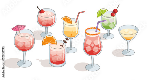 Assorted refreshing cocktails with garnishes in transparent glasses