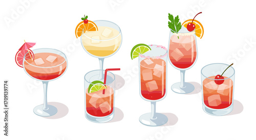 Refreshing summer cocktails with citrus and cherry garnishes in stylish glassware