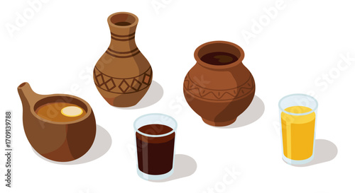 Traditional clay vessels and glasses of beverages in isometric style