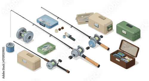 Isometric fishing gear set with rods, tackle boxes, and reels for angling enthusiasts