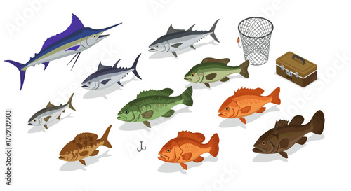 Colorful fish collection with fishing gear: marine and freshwater species in isometric style