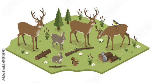 Isometric woodland scene with deer and forest animals in natural habitat