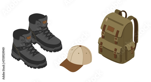 Outdoor adventure gear featuring hiking boots, backpack, and cap in isometric style