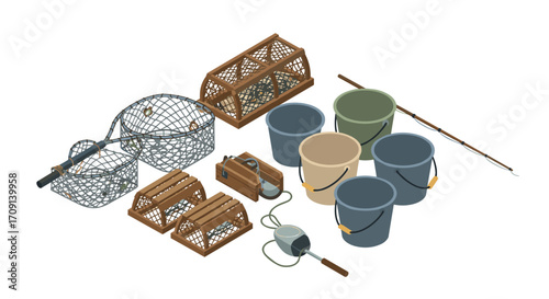 Isometric fishing gear collection: traps, buckets, nets, and rods for aquatic adventures