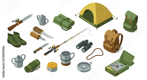 Essential camping gear collection with tent, backpack, and more in isometric style