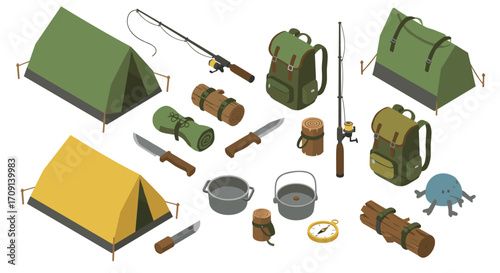 Isometric camping gear collection: tents, backpacks, and outdoor essentials