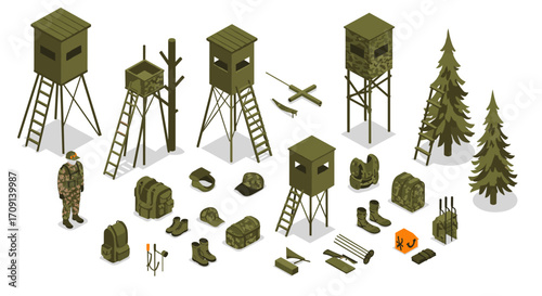 Isometric hunting equipment set with observation towers and camouflage gear