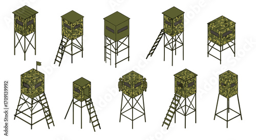 Isometric camouflage hunting blinds collection for outdoor enthusiasts