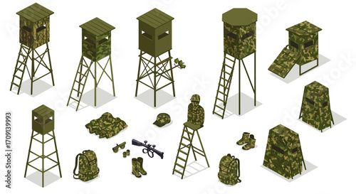 Isometric camouflage hunting gear and elevated blinds collection
