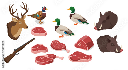 Wildlife game hunting icons with meat cuts and animals for outdoor enthusiasts