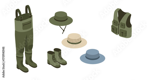 Outdoor fishing gear collection in isometric style with boots, hat, waders, and vest